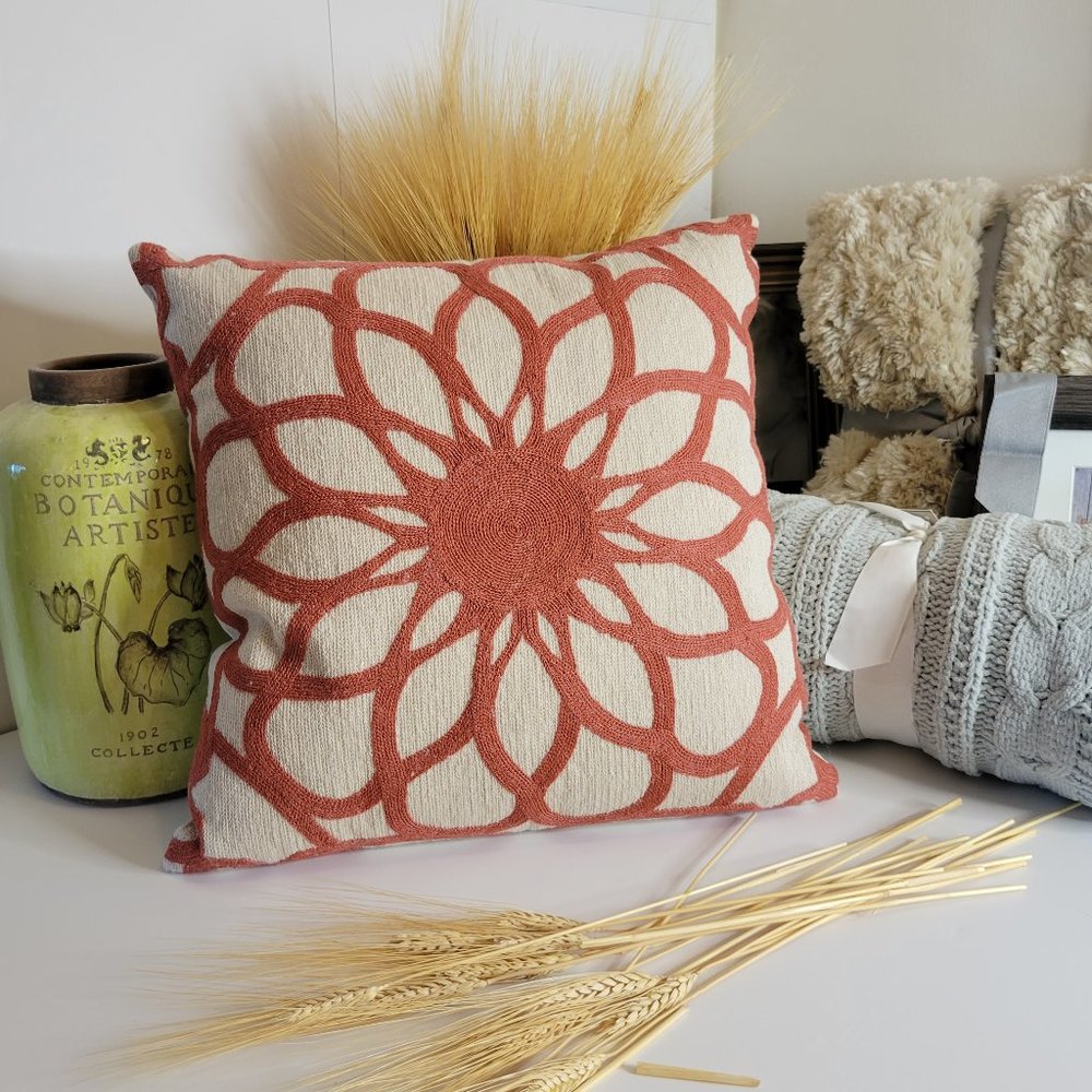 Accent Pillow, Nordstrom, Wool Embroidery Detail One Side, Rust Beige18"x18" - Picture 1 of 7